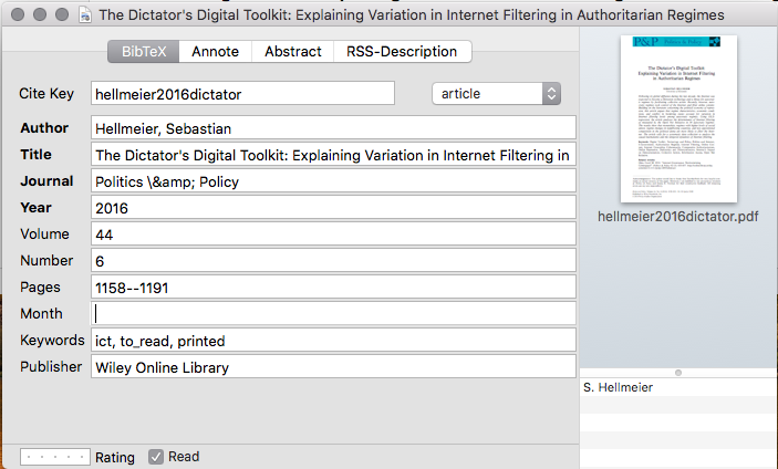 Screenshot of BibDesk showing entry metadata and citekey